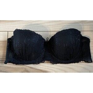 Black Lace Strapless Underwire Padded Womens Bra Size 32A
